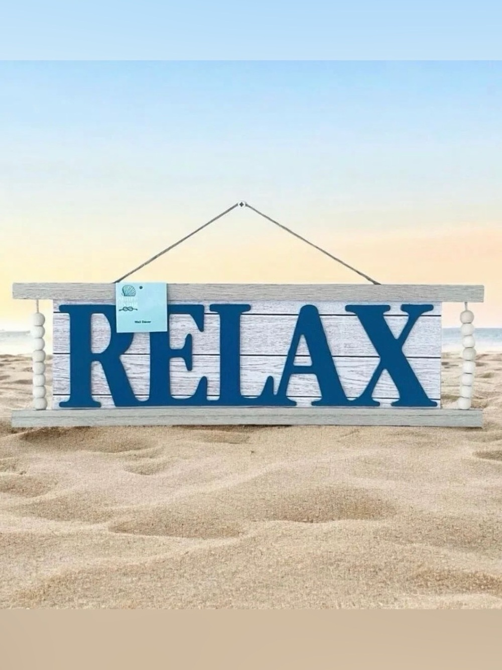NWT Gorgeous Blue Grey White Tan RELAX Beads Accent Inspirational Wall Decor